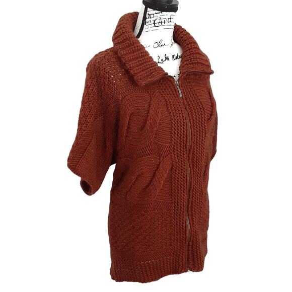 ElsaManda Alpaca Wool Cable Knit Sweater Full Zip Rust Orange OS Made in Italy - Picture 1 of 9
